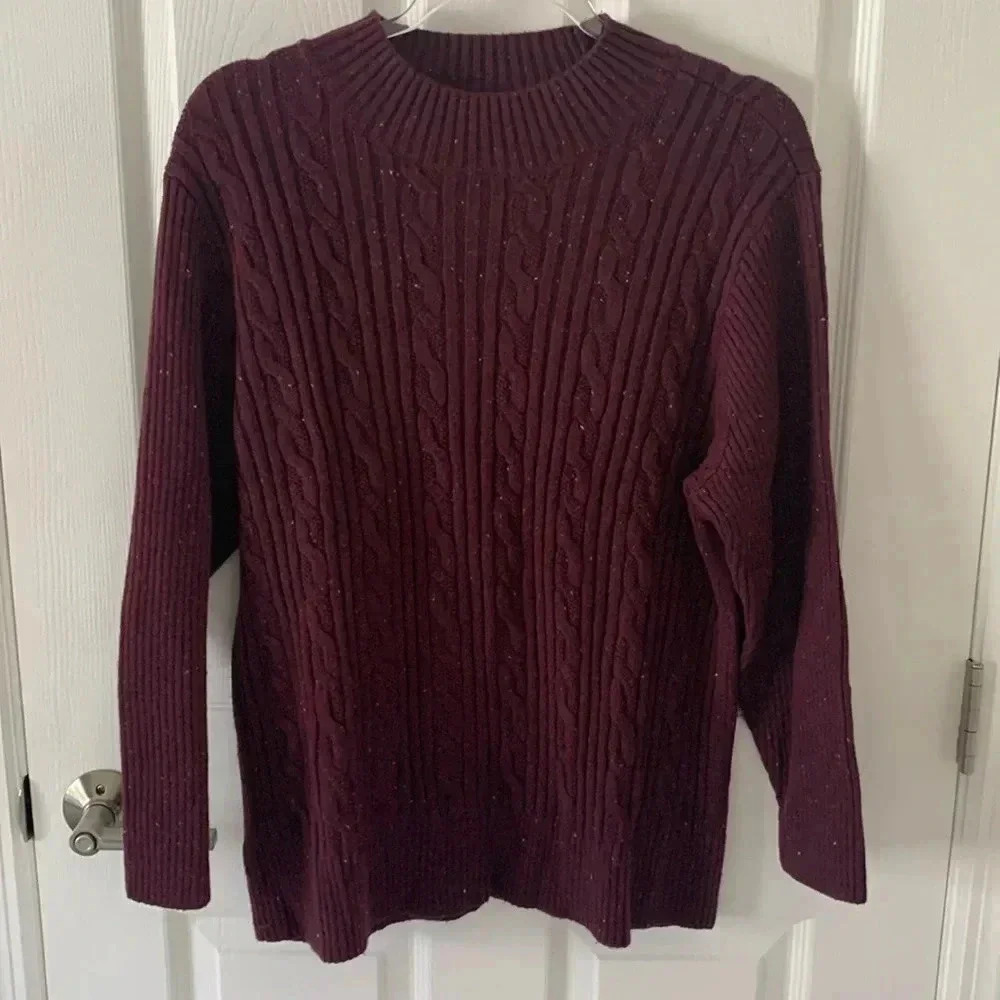 Talbots Burgundy Maroon Cable Knit Mock Neck Sweater